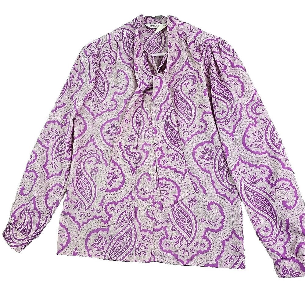 Vintage 60s 70s Amelia Paisley Button Shirt Tie Front Womens 10 Purple Retro Mod